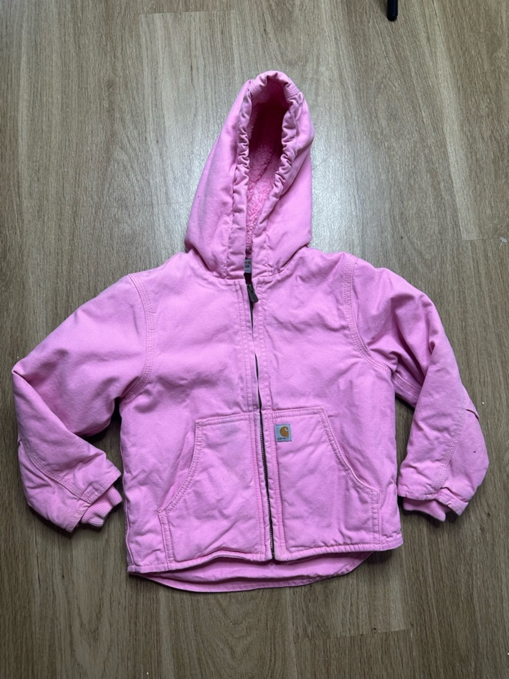 Carhartt Toddler Pink Sherpa Lined Hooded Jacket Zip Coat XXS (4–5) Cozy Warm